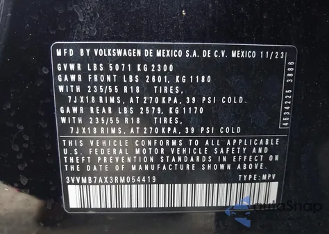 2024 Volkswagen Tiguan 2.0T Se/2.0T Wolfsburg Edition из США, поврежденный, VIN 3VVMB7AX3RM054419